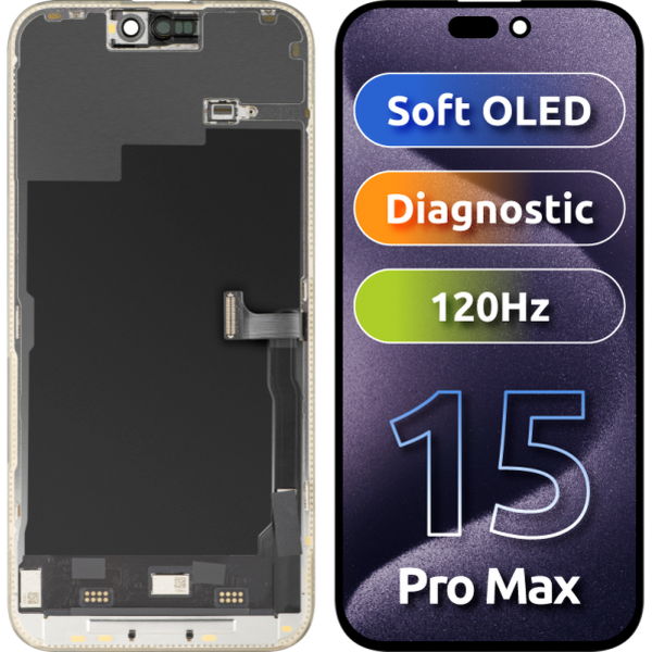 Apple iPhone 15 Pro Max · Display cu Touchscreen MP compatibil cu Apple iPhone 15 Pro Max, cu Rama, Versiune Soft OLED FHD 120Hz Diagnostic, Negru