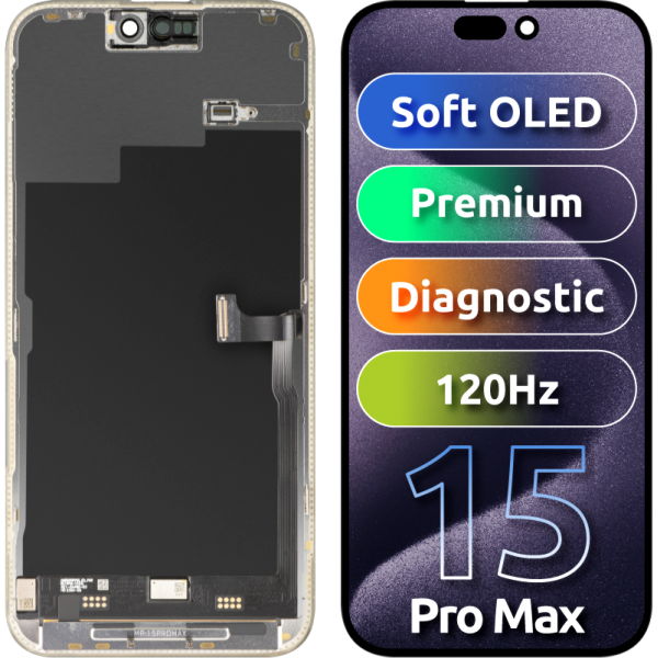 Apple iPhone 15 Pro Max · Display cu Touchscreen MP compatibil cu Apple iPhone 15 Pro Max, cu Rama, Versiune Premium Soft OLED FHD 120Hz Diagnostic, Negru