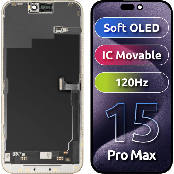 Apple iPhone 15 Pro Max · Display cu Touchscreen MP compatibil cu Apple iPhone 15 Pro Max, cu Rama, Versiune Soft OLED FHD 120Hz IC Movable, Negru