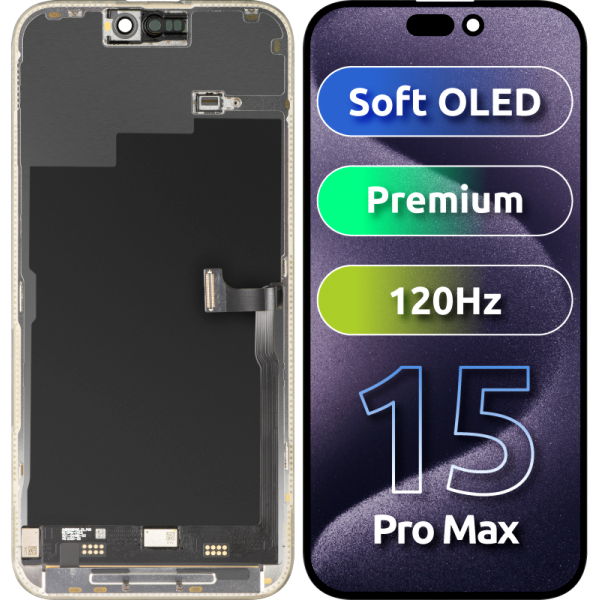 Apple iPhone 15 Pro Max · Display cu Touchscreen MP compatibil cu Apple iPhone 15 Pro Max, cu Rama, Versiune Premium Soft OLED FHD 120Hz, Negru
