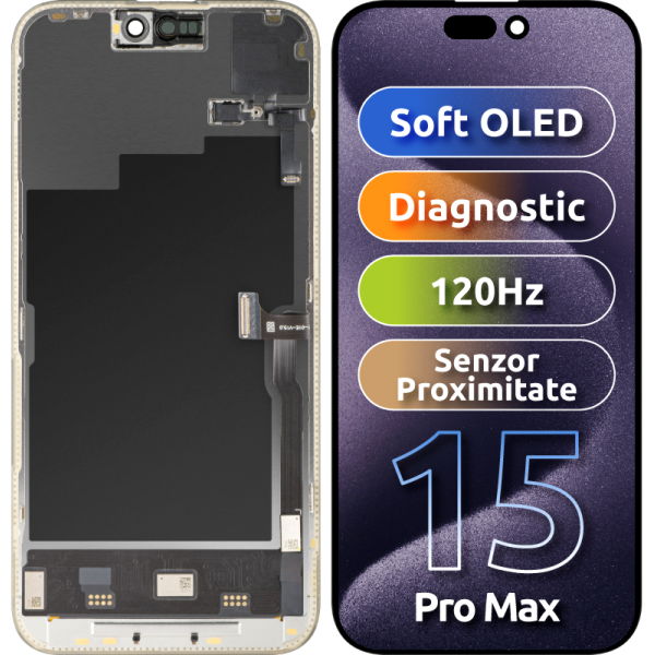 Apple iPhone 15 Pro Max · Display cu Touchscreen si Senzor Proximitate Lumina MP compatibil cu Apple iPhone 15 Pro Max, cu Rama, Versiune Soft OLED FHD 120Hz Diagnostic, Negru