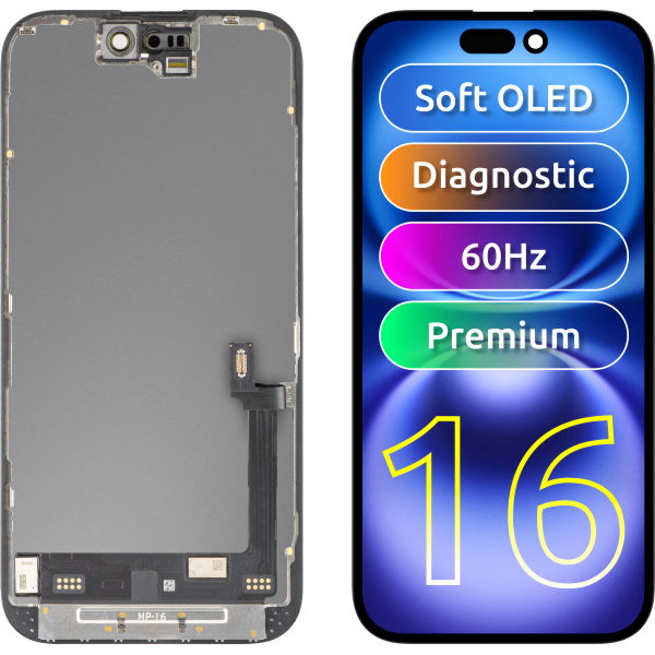 Apple iPhone 16 · Display cu Touchscreen MP compatibil cu Apple iPhone 16, cu Rama, Versiune Premium Soft OLED FHD Diagnostic, Negru
