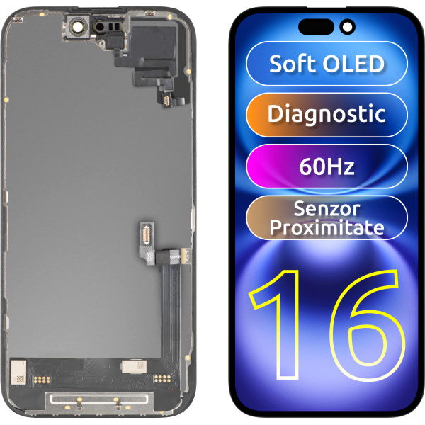 Apple iPhone 16 · Display cu Touchscreen si Senzor Proximitate Lumina MP compatibil cu Apple iPhone 16, cu Rama, Versiune Soft OLED FHD Diagnostic, Negru